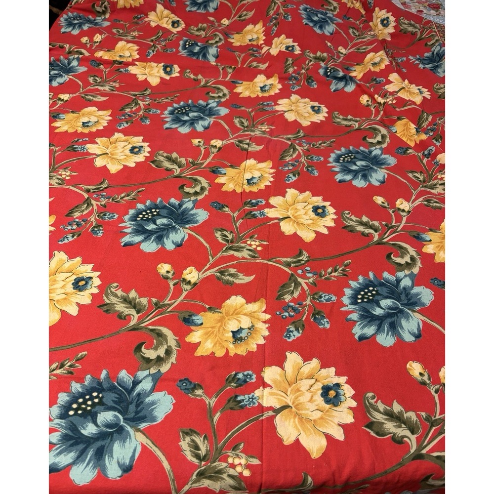 Vtg April Cornell Tablecloth Red English Garden Blue Yellow Floral 58 x 108